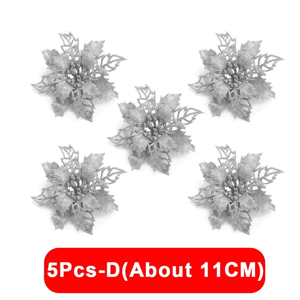 5/1Pcs Christmas Glitter Artificial Flowers DIY Christmas Tree Hanging Ornaments Fake Flower For Xmas New Year Party Decor Gifts