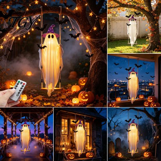 Hanging Ghost Decorations for Halloween Swing Ornament with LED String Lights Outdoor Decor, Adjustable Decorative Polyester Garden Light-Up Bat Decor