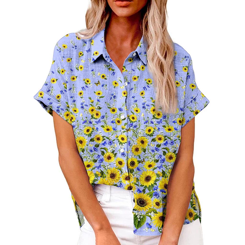 Женская модная свободная повседневная рубашка с коротким рукавом и отворотом на пуговицах, футболка с принтом, топ