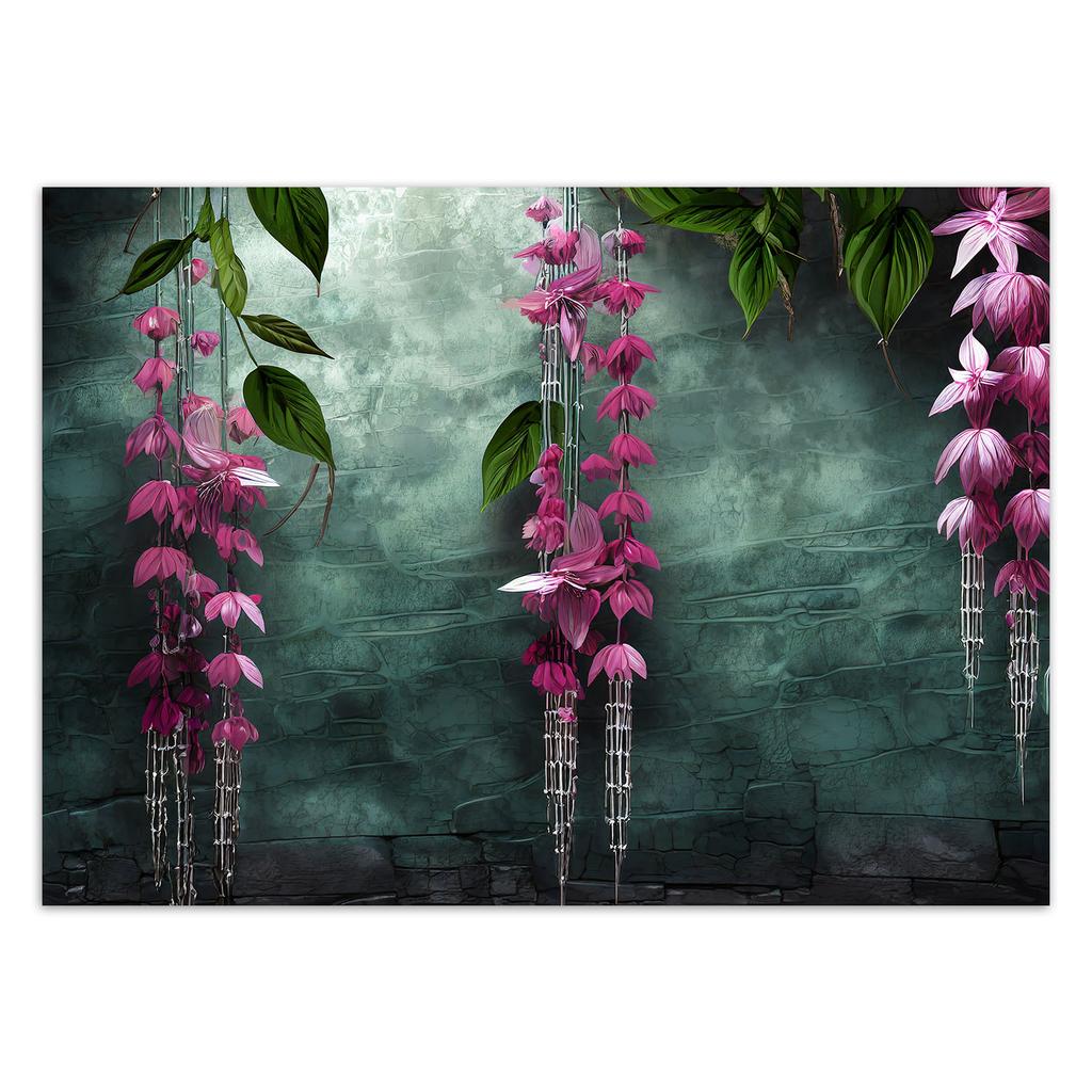 Wallpaper Hanging Leaves and flowers on green background