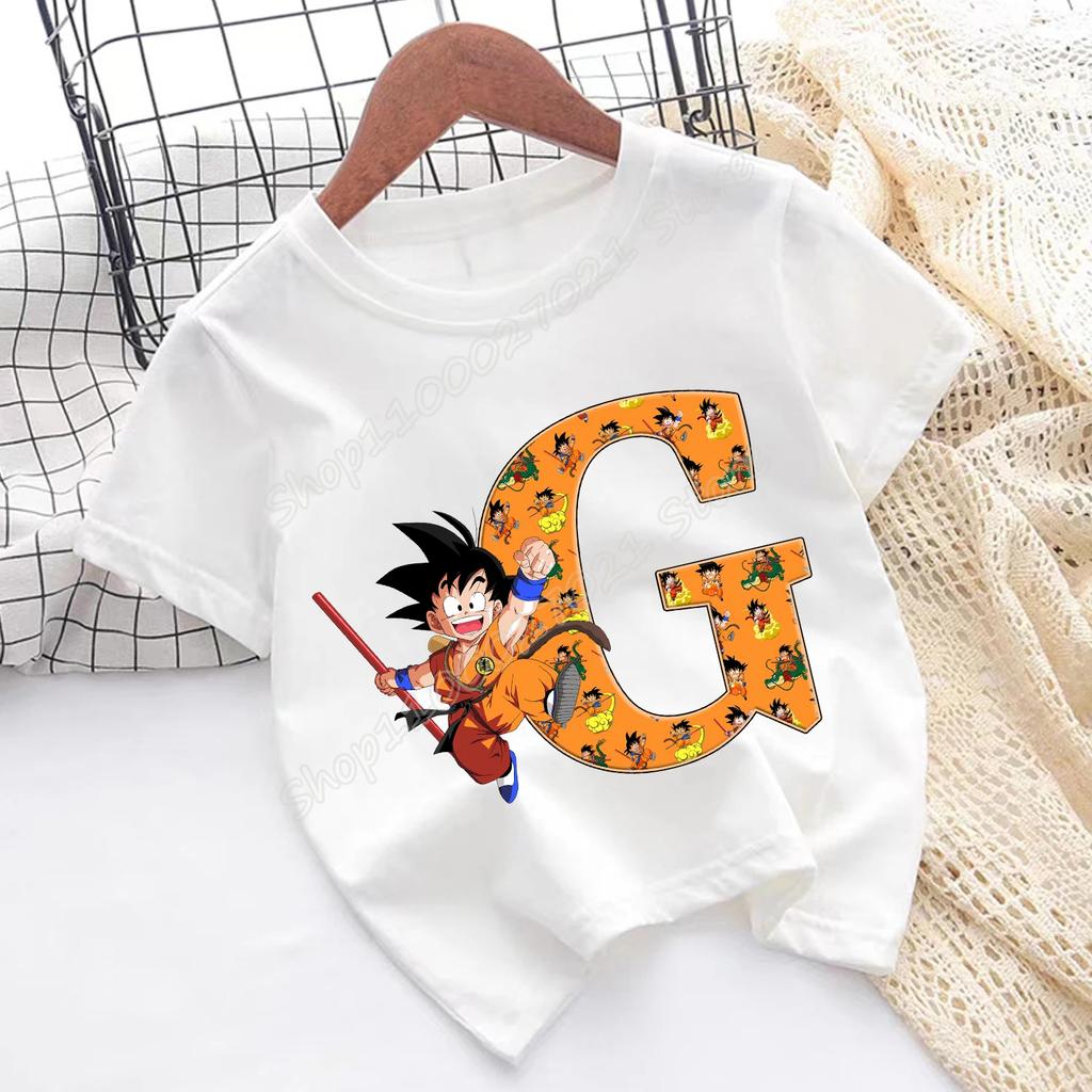 Футболка Dragon Ball Goku Детская с буквами от A до Z Топ Мультяшная Летняя Мода Белая с Коротким Рукавом Одежда Детская Повседневная Одежда Подарок