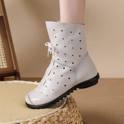 Женские кожаные ботинки белого цвета средней высоты, тонкие, летние, дышащие и удобные, мягкий нижний слой из коровьей кожи, круглая молния сбоку