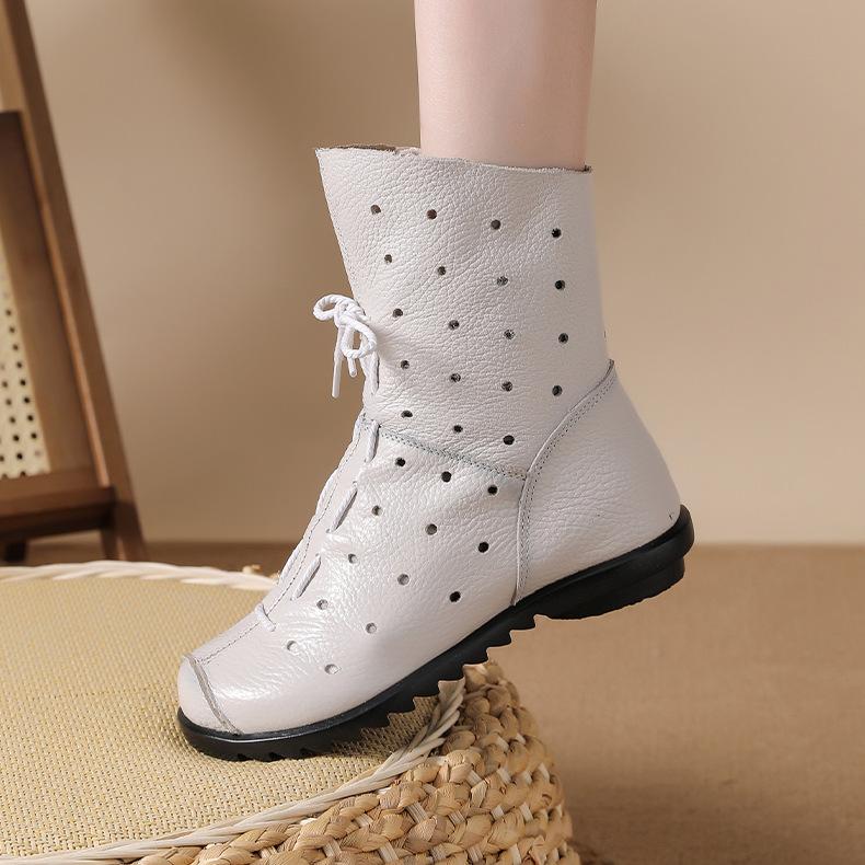 Женские кожаные ботинки белого цвета средней высоты, тонкие, летние, дышащие и удобные, мягкий нижний слой из коровьей кожи, круглая молния сбоку