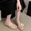Korean Version of Open-toed One-word Slippers Summer Wear Flower Decoration French Soft Bottom Square Head Women's Slope Heel Cool Slippers Women