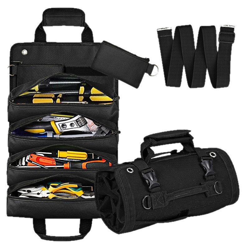 Multi Purpose Roll Up Tool Bag Canvas 5 Zipper Pockets Storage Pouch