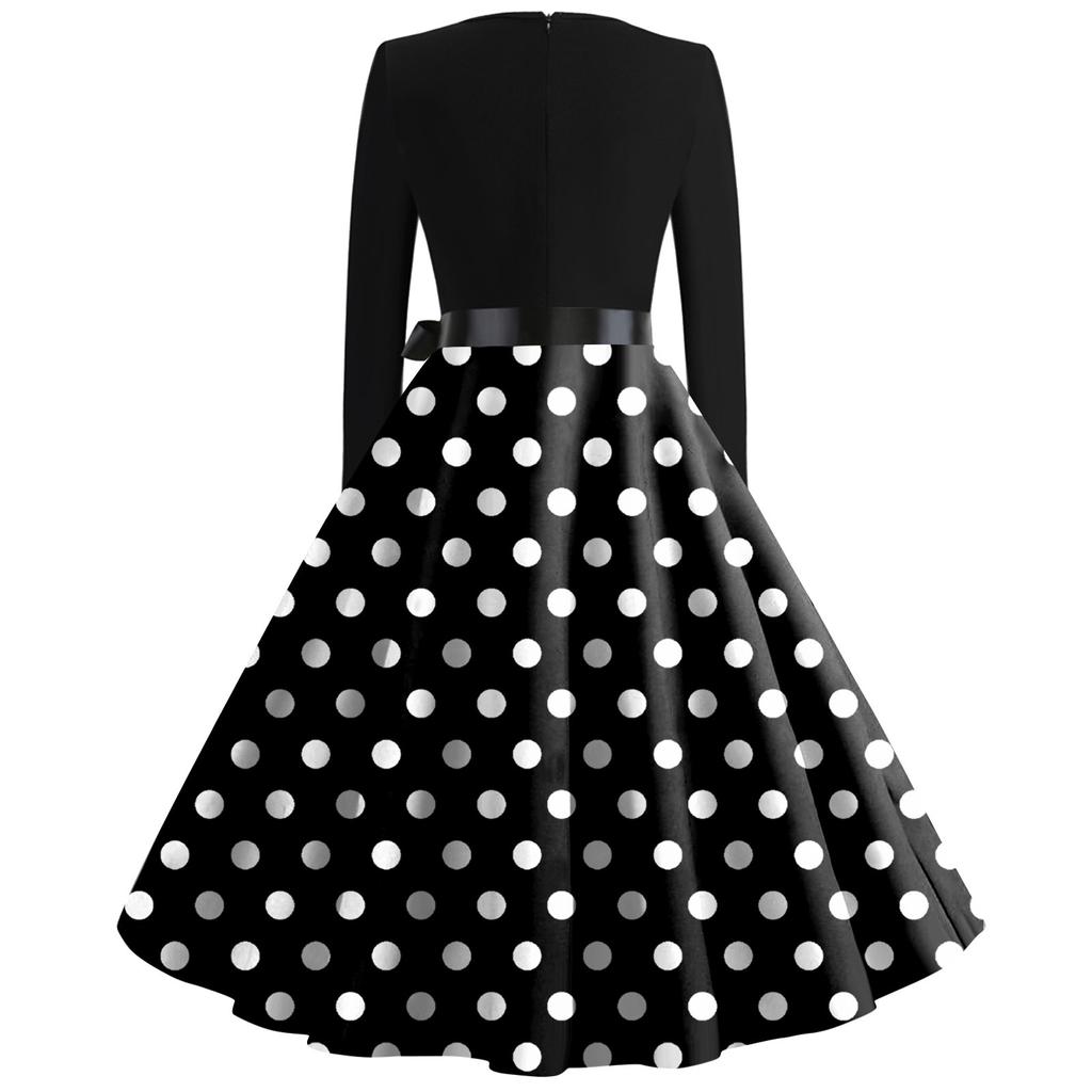 Women's Casual And Fashionable Long Sleeved R-neck Polka DotPrint Dress