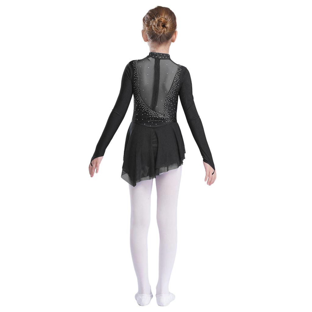 Girls Figure Skating Dress Sheer Mesh Patchwork Glittery Rhinestones Long Sleeve