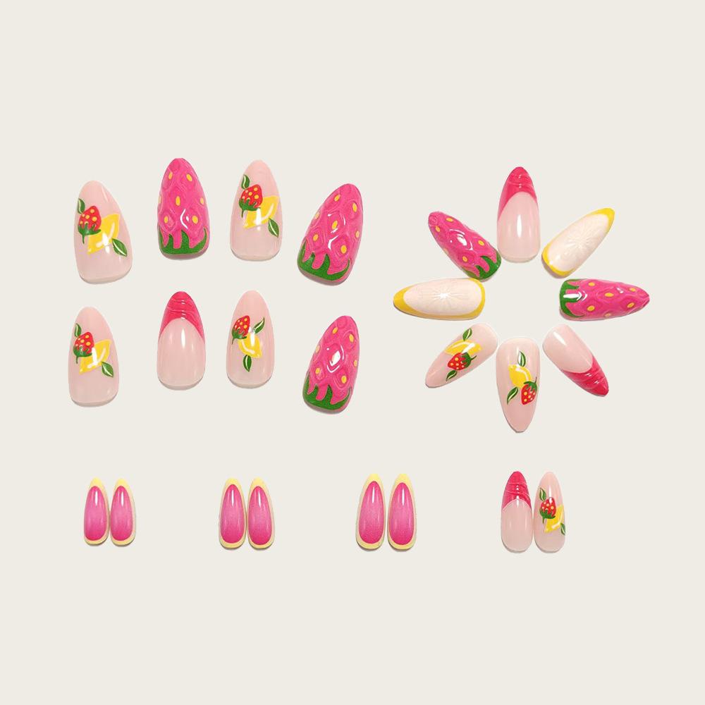 Sweet Pink Fresh Fruit Wearable Nails Cherry Lemon Manicure Fake Nails 3D Nail Patch