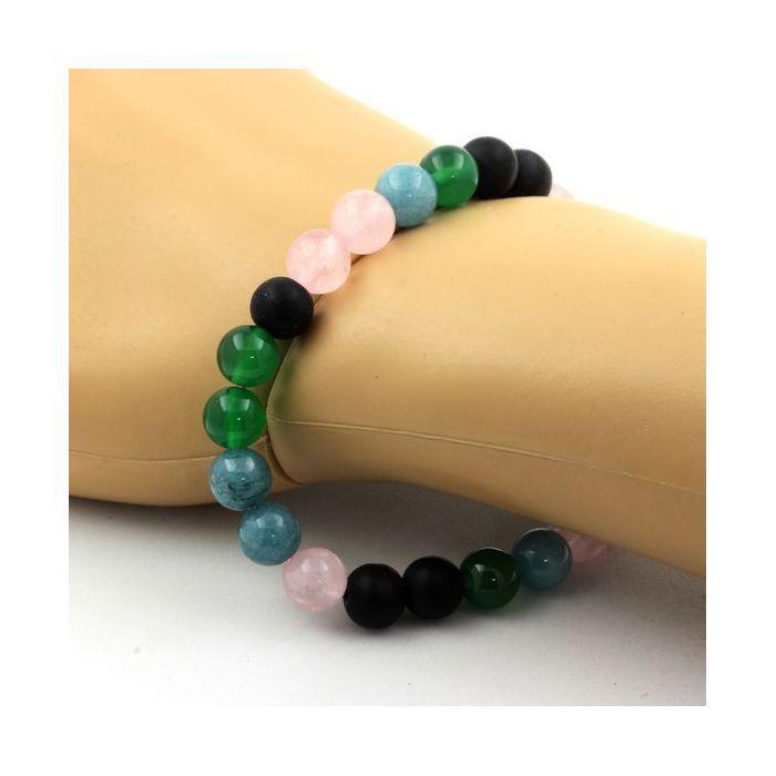 Stones and Minerals. Rose Quartz + Matte Black Onyx + Aquamarine + Agate Pearl Bracelet Made In France.