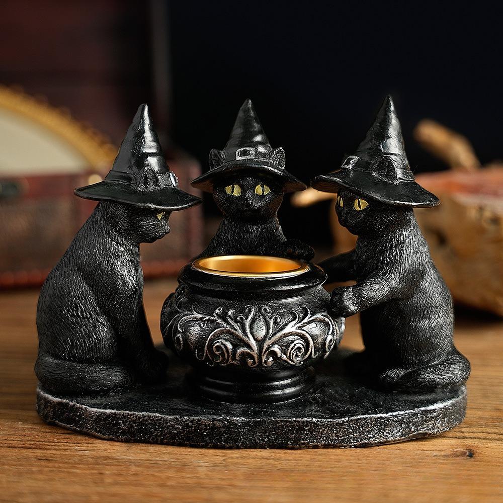Halloween Decoration Figurines Familiar Cauldron Tea Light Holder Black Witches Cats Candlestick Holder Home Bar Table Ornaments