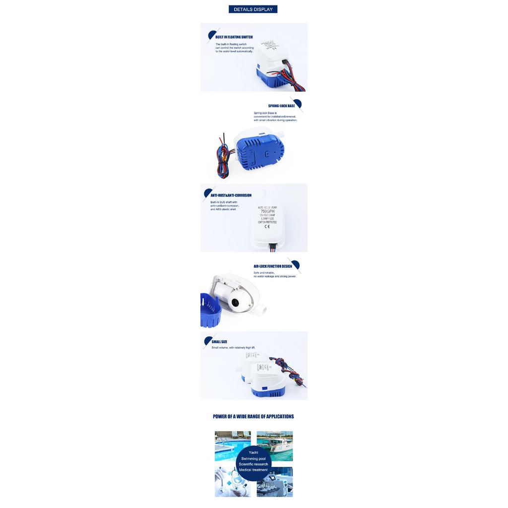 12V Automatic Marine Water Pump Small Bilge Pump 24V Yacht Drainage Fast Boat DC Submersible Pump Bilge 750GPH 1100GPH