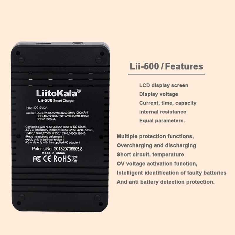 Умное зарядное устройство LiitoKala Lii-500 для 18650/26650/AA/AAA/Ni-MH/Li-ion, ЖК-дисплей, Тестер емкости, Независимые слоты, Защита