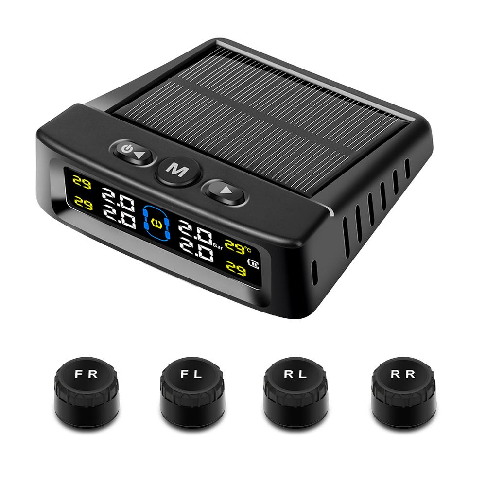 Солнечная система TPMS для измерения давления в шинах автомобиля с 4 внешними датчиками, интеллектуальная система контроля температуры и предупреждения о безопасности, цветной дисплей