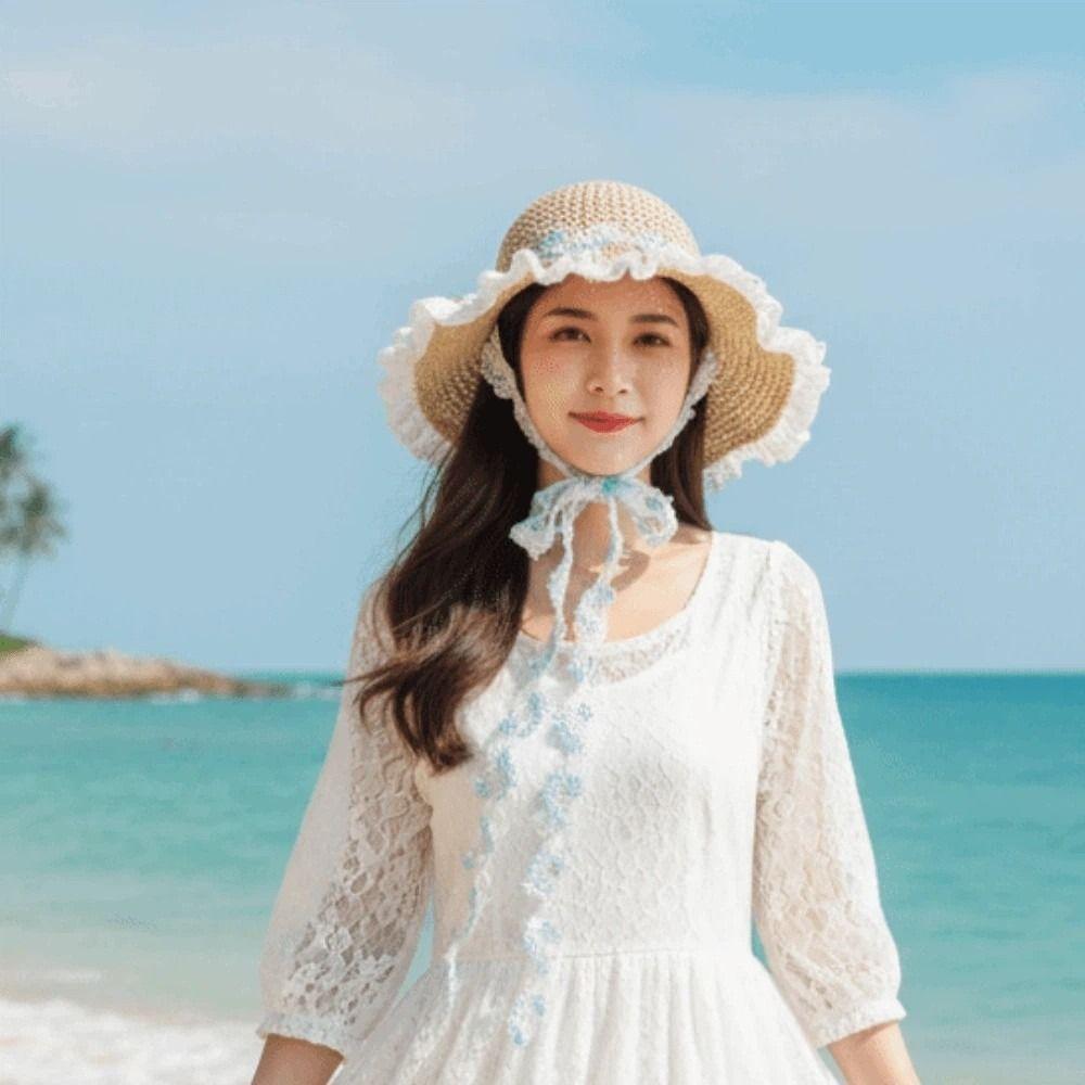 Breathable Vacation Beach Cap with Garland Woven Sun Cap Big Brimmed Straw Hat Masquerade