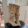 Мода Зимние женские сапоги с острым носком до колена Модные длинные сапоги Дизайнерские туфли на тонком высоком каблуке для стриптиза Botas Mujer