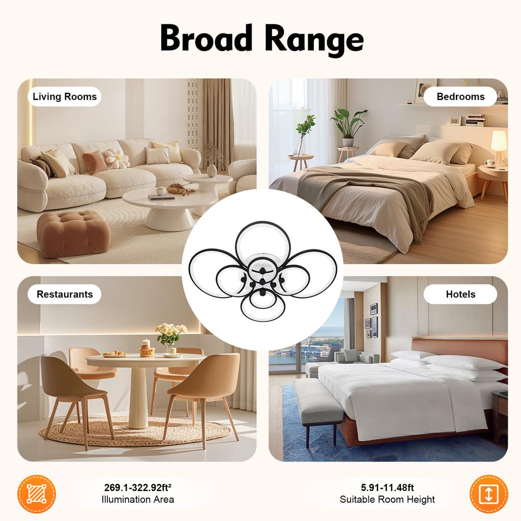 Smart Dimmable 140W LED Ceiling Light Remote Control 8 Rings Stepless Dimming & Color Temp for Living Room Bedroom