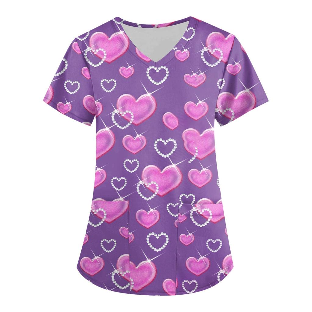 Женская мода, рабочая одежда с v-образным вырезом, короткими рукавами и карманами, топы с принтом ко Дню святого Валентина