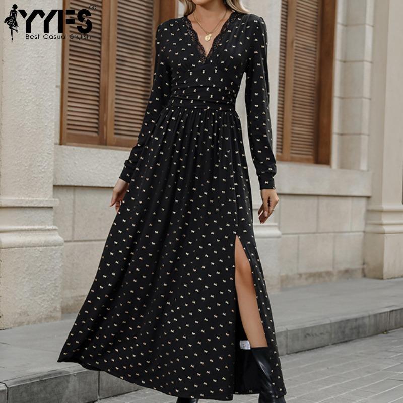 YYFS Женская мода весна осень длинные рукава V-образный вырез высокая талия повседневные платья