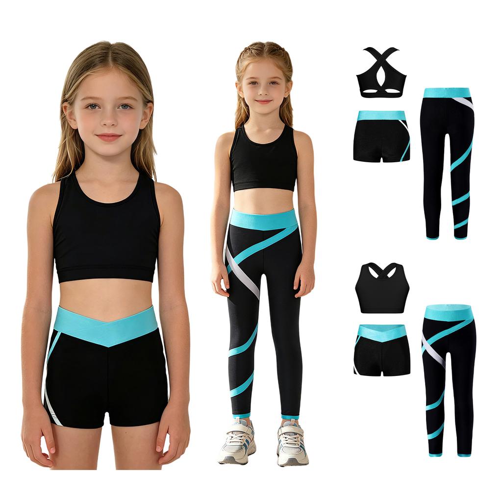 Детский танцевальный костюм из 3 предметов, спортивный костюм для девочек, спортивный бюстгальтер с перекрестными бретелями, штаны для йоги, леггинсы, балетные шорты, комплект