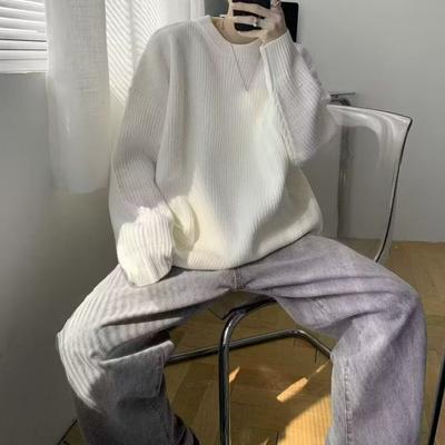 Осенне-весенний свитер с круглым вырезом, свободный, однотонный, с длинными рукавами, трикотажный пуловер, эластичный, повседневная одежда