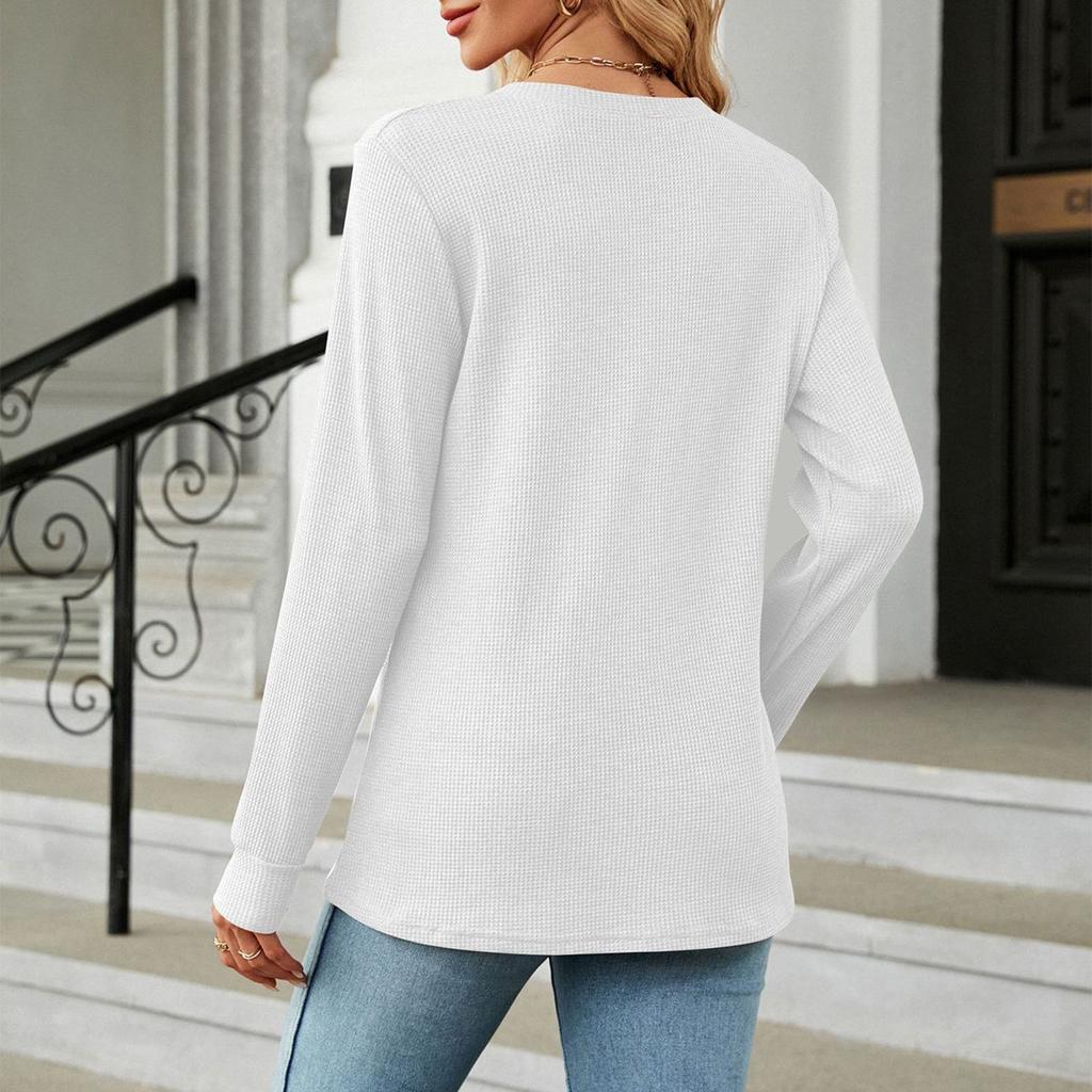 Женские осенние и зимние однотонные модели, однотонные футболки с V-образным вырезом, свободные топы с длинными рукавами, украшенные пуговицами