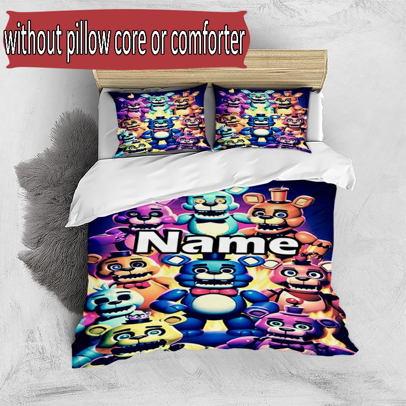 3pcs Duvet Cover Set (1*Duvet Cover + 2*Pillowcase, Without Core), Custom Name Five Nights at Freddy's Pattern Bedding Set, Home Bedroom Decor Gift