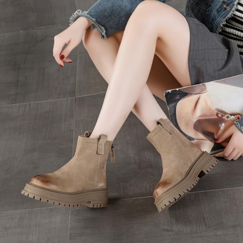 Первый слой коровьей кожи ботинки Мартин для женской осени новые ретро толстоподошвенные увеличивающие рост повседневные спортивные короткие ботинки для женщин