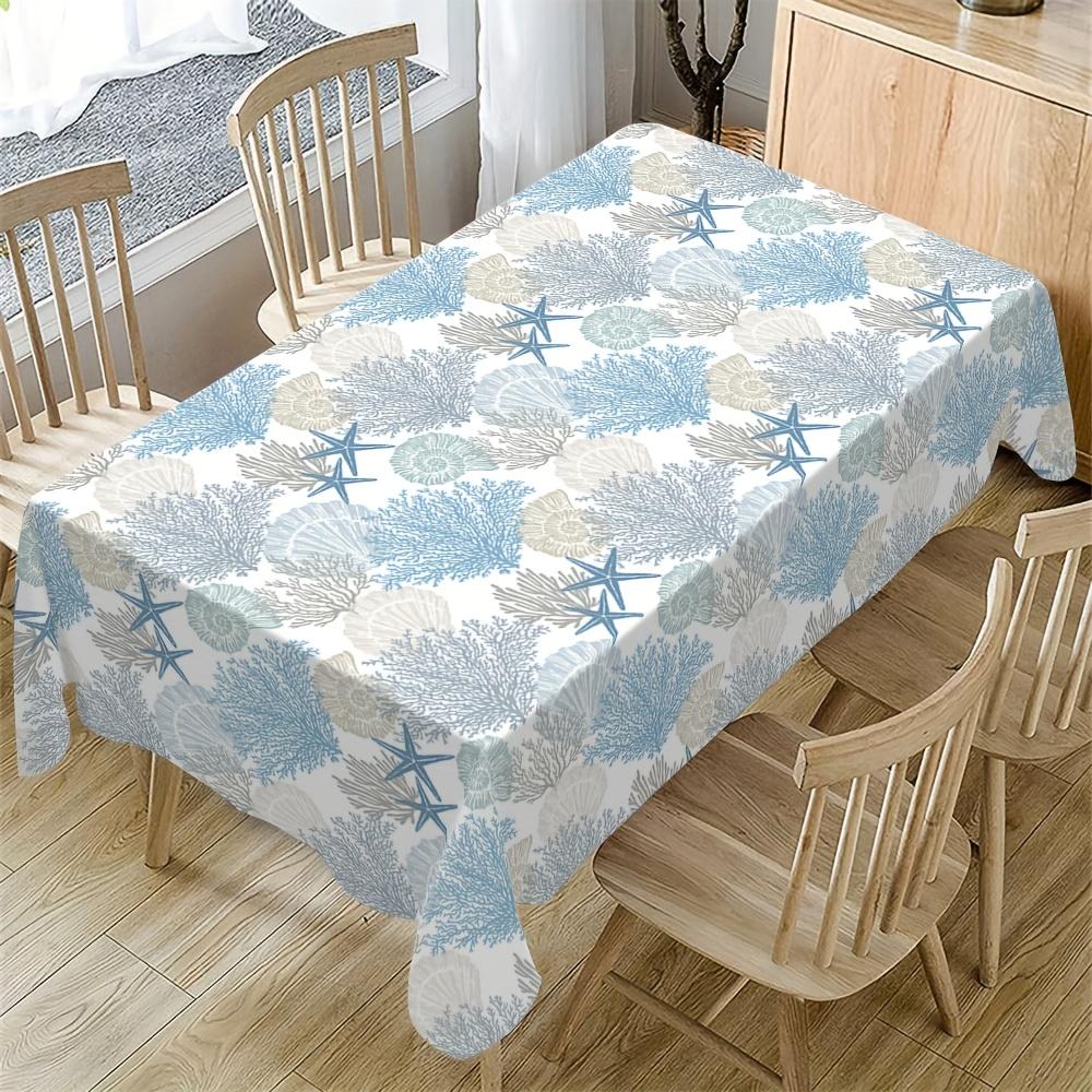 One summer and spring tablecloth, featuring ocean, shells and starfish patterns, suitable for kitchen and dining room.PMJ