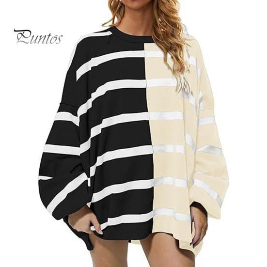 Осенне-весенний женский свитшот с цветным полосатым принтом и круглым вырезом, свободный трикотажный свитер средней длины, повседневная одежда, топ