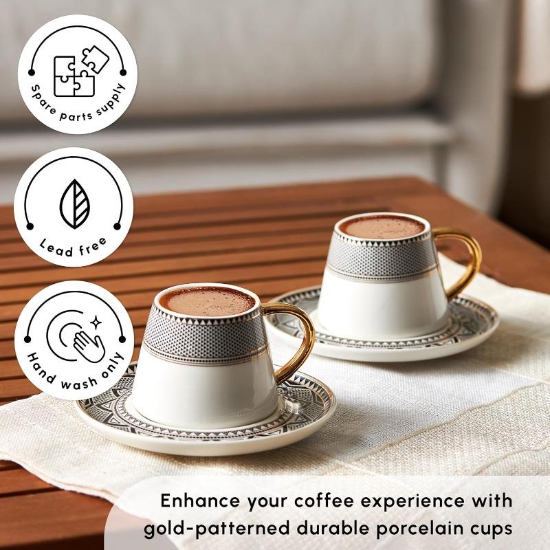 Globe Turkish Coffee Cup Set of 6, 80ml, 2.7 Oz, Small Espresso Cups with Saucers, Porcelain, Black Patterns, and Gold Handles,