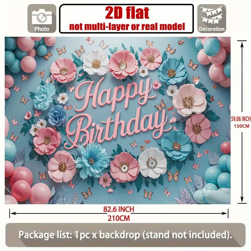 2D Happy Birthday Photography Backdrop, Light Blue Background with Pink Flowers and Butterflies