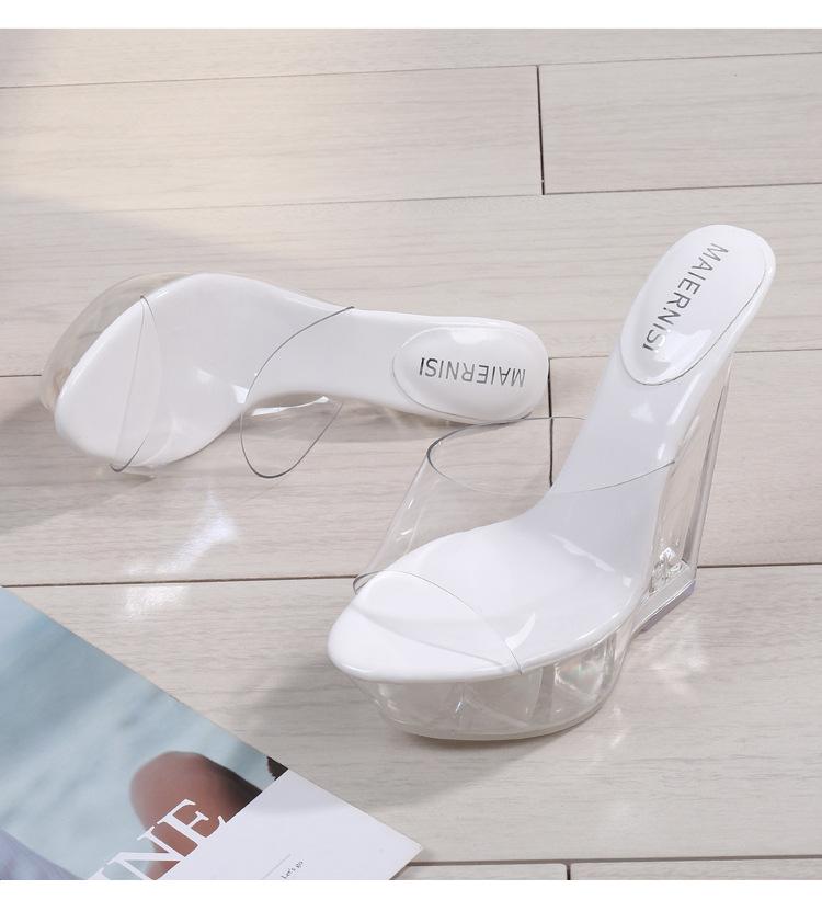 Sexy Ultra-high Heel Cool Slippers High Transparent Slope Crystal Waterproof Platform Sexy Open-toed Sandals WZ