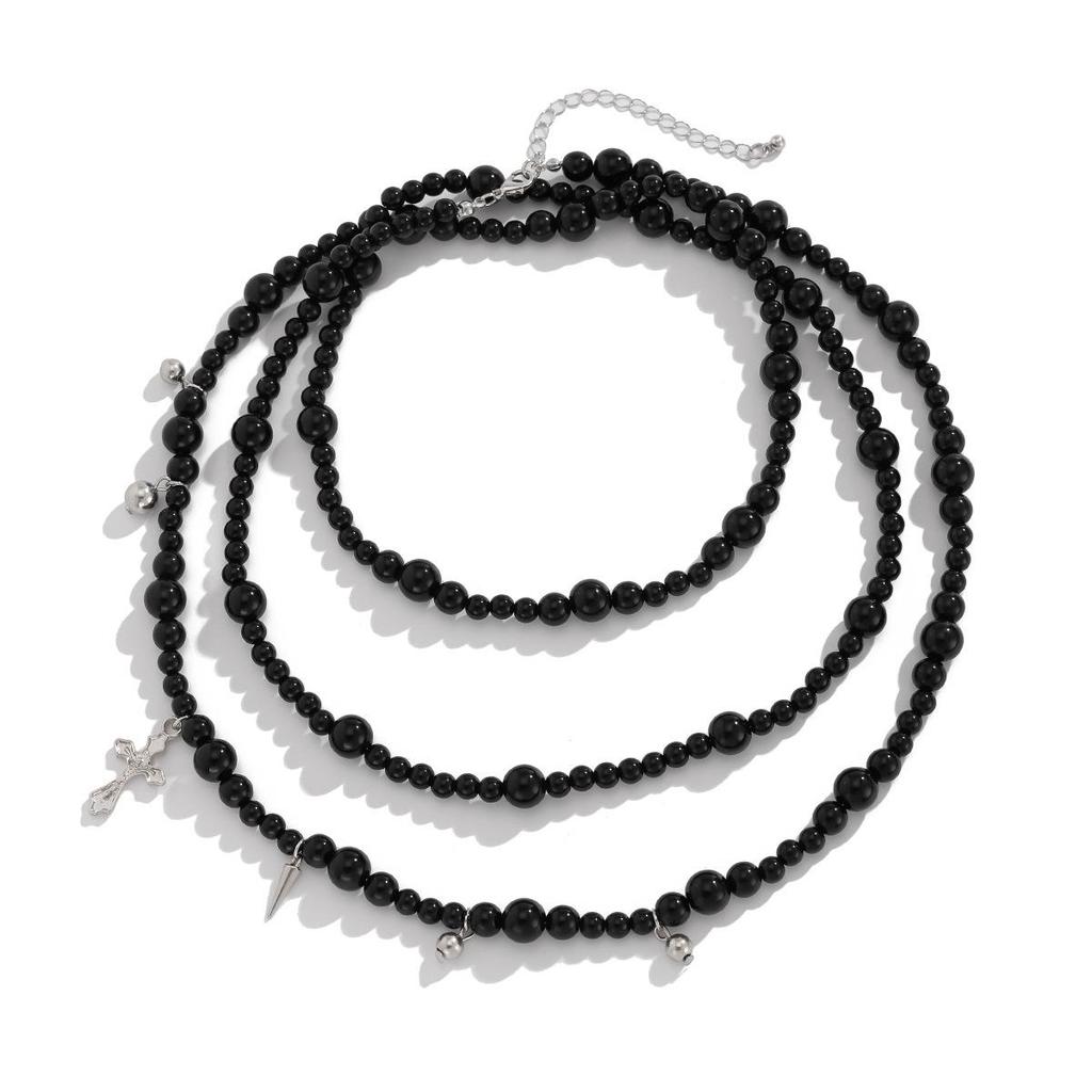 Dark Style Acrylic Beaded Necklace with Cross Pendant - All-Match European and American Fashion for Women