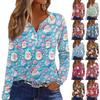 Женская футболка с рождественским принтом на пуговицах с длинным рукавом, повседневная, выходного дня, модная, базовая, с V-образным вырезом, обычная