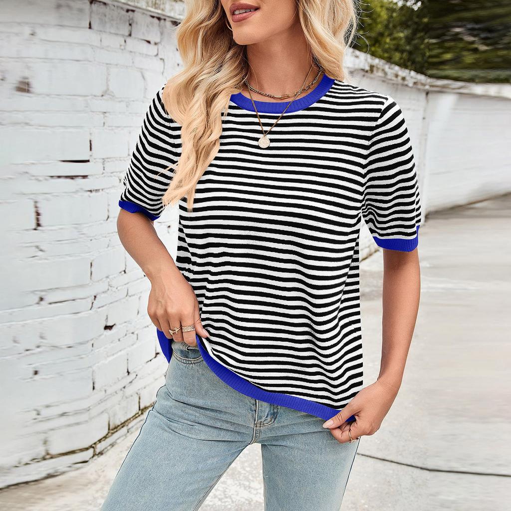 Женская мода весна-лето повседневный полосатый подходящие цвета круглый вырез трикотажный короткий рукав джемпер топ