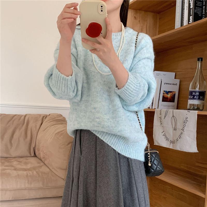 Женский осенне-зимний нежный пуловер с круглым вырезом, свободный вязаный джемпер