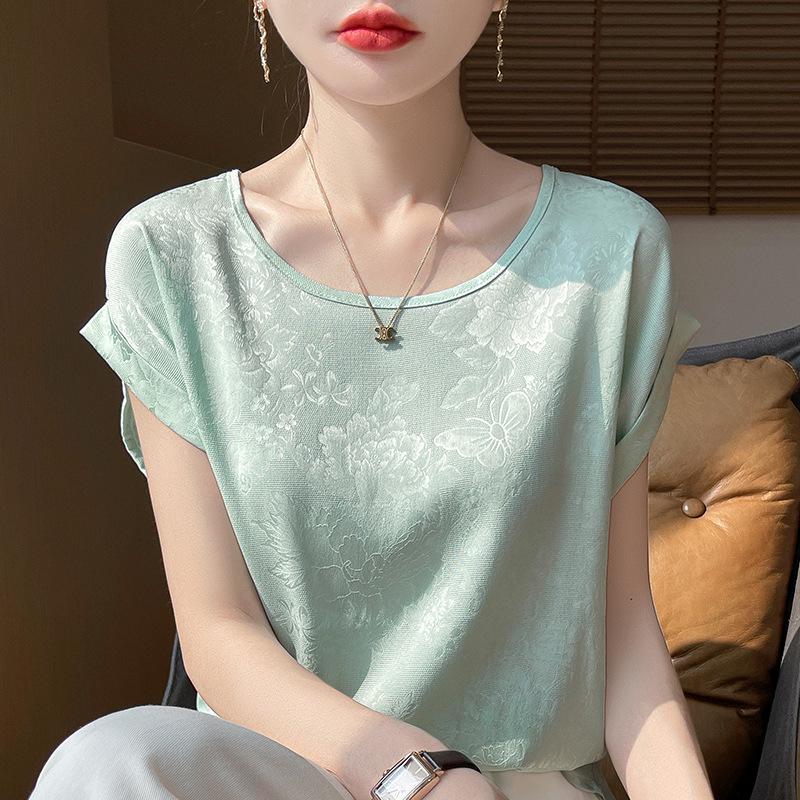 Топ из атласного жаккарда с круглым вырезом и рукавами-крылышками – Женская коллекция Весна/Лето 2025