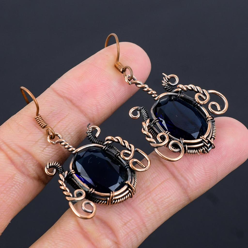 Серьги с синими сапфирами, Серьги с драгоценными камнями ручной работы, Серьги, обернутые медной проволокой 999 пробы, Антикварные украшения, Для подарка на помолвку