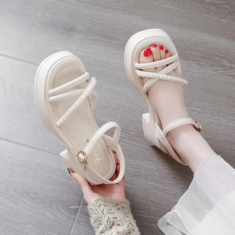 One-word Sandals Women's 2025 New Summer Versatile Skirt Pearl Platform Beach Shoes Women