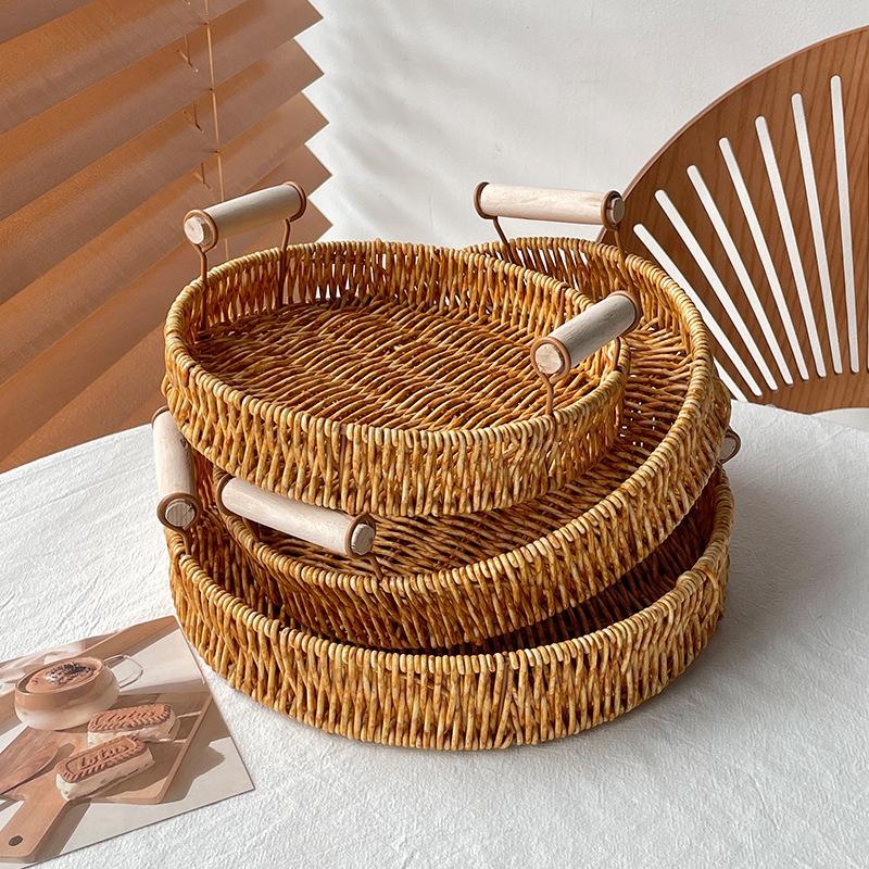 Storage Tray Round Rattan Woven Tray Fruit Breakfast Tea Storage Basket Desktop Sundries Organizer Bread Plates With Wood Handle