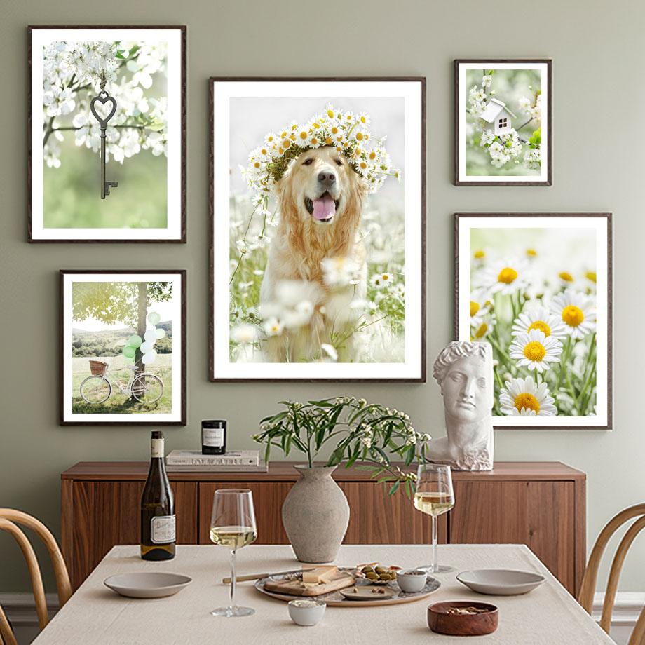 Spring Sunflower Sakura Windmill Farmhouse Church Green Landscape Poster Wall Art Canvas Painting For Living Room Home Decor