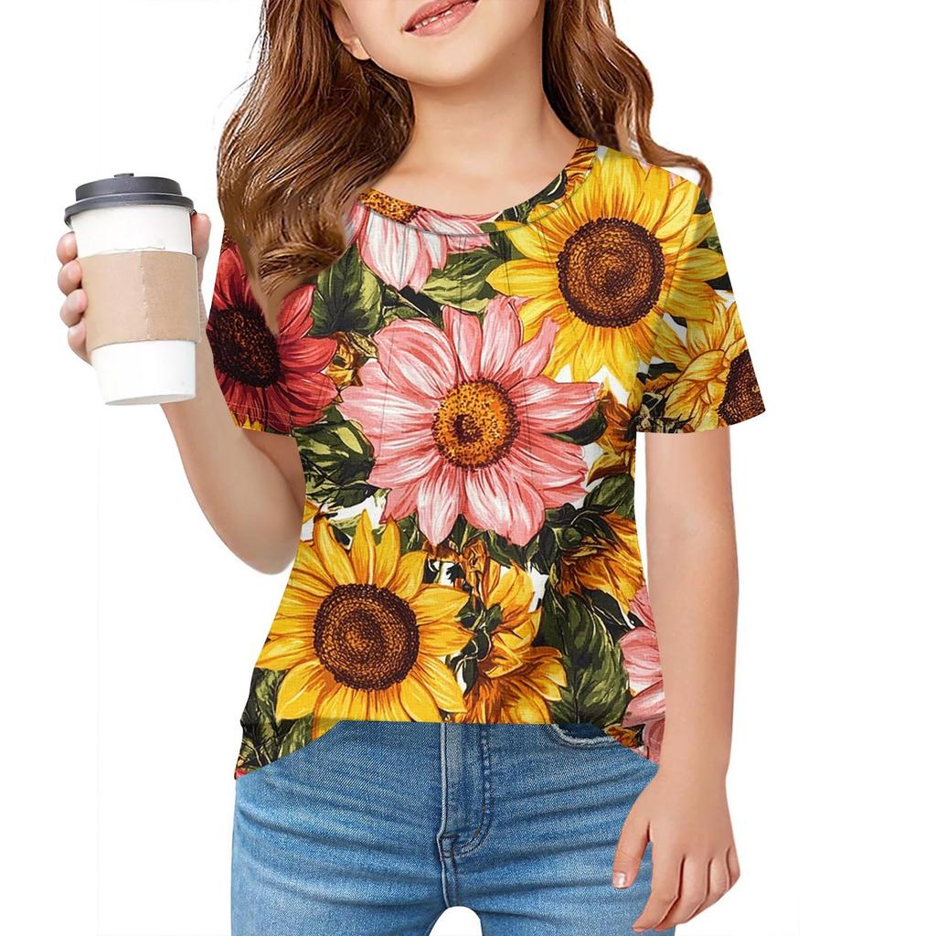 Детская футболка Fold A для девочек, летняя модная куртка с круглым воротником и цветочным принтом с короткими рукавами