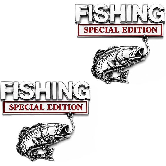 Fishing Special Edition Premium 3D Metal Vehicle Emblem Badge, Bass Fish Hook Design, Auto Decal for Truck SUV, Anglers, Self-Adhesive Exterior