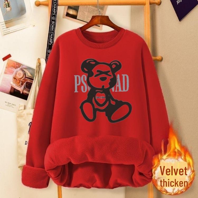 2024 Autumn Winter Women Fashionable Velvet Thickened Cartoon Print Loose Fit Round Neck Sweatshirt Top