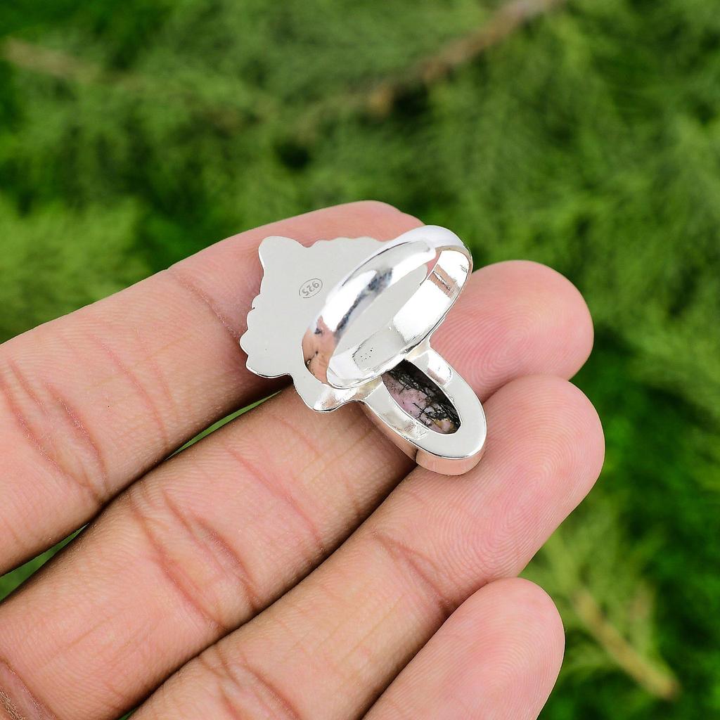 925 Sterling Silver Natural Rhodonite Art Deco Multi Stone Promise Ring Jewelry