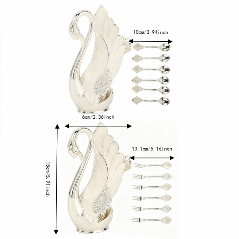 7pcs Zinc Alloy Material Coffee Spoons Set Modern Style Swan Shaped Teaspoons Set Rhinestone Inlaid Table Organizer