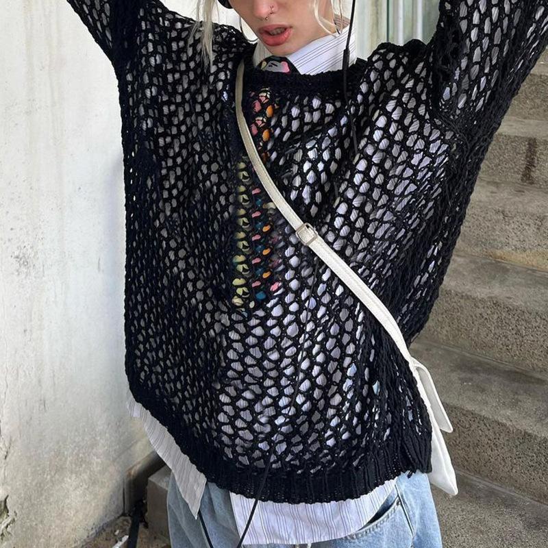 Summer Women's Hollow Out Knit Sweater Cowl Hottie Drawstring See Through Cover-up