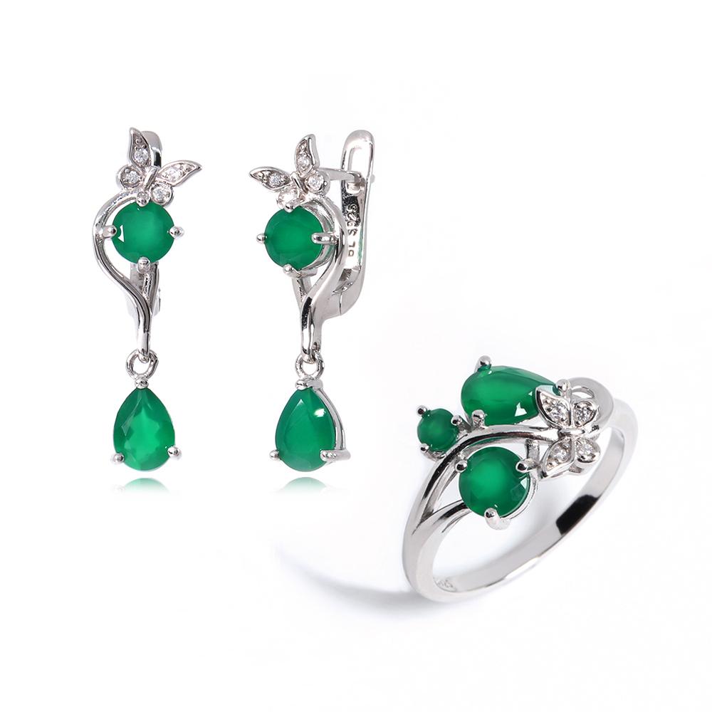 Butterfly Design Silver Jewelry Set with Natural Green Agate Gemstones Earrings And Ring for Women