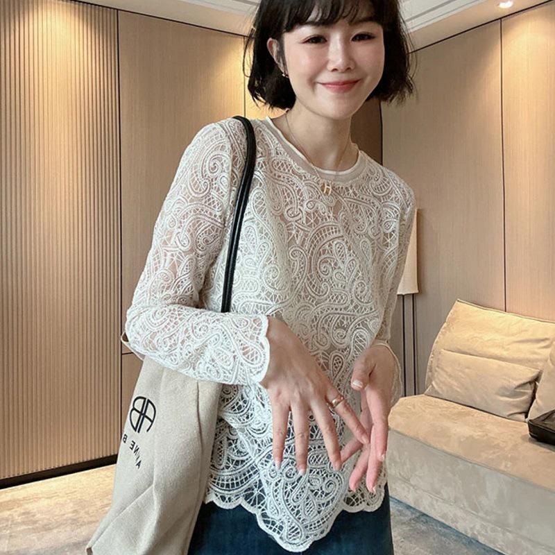 Women's High-End French Lace Cardigan - Hollow-Out Long Sleeve, Spring 2025 Trend, Versatile Layering Top
