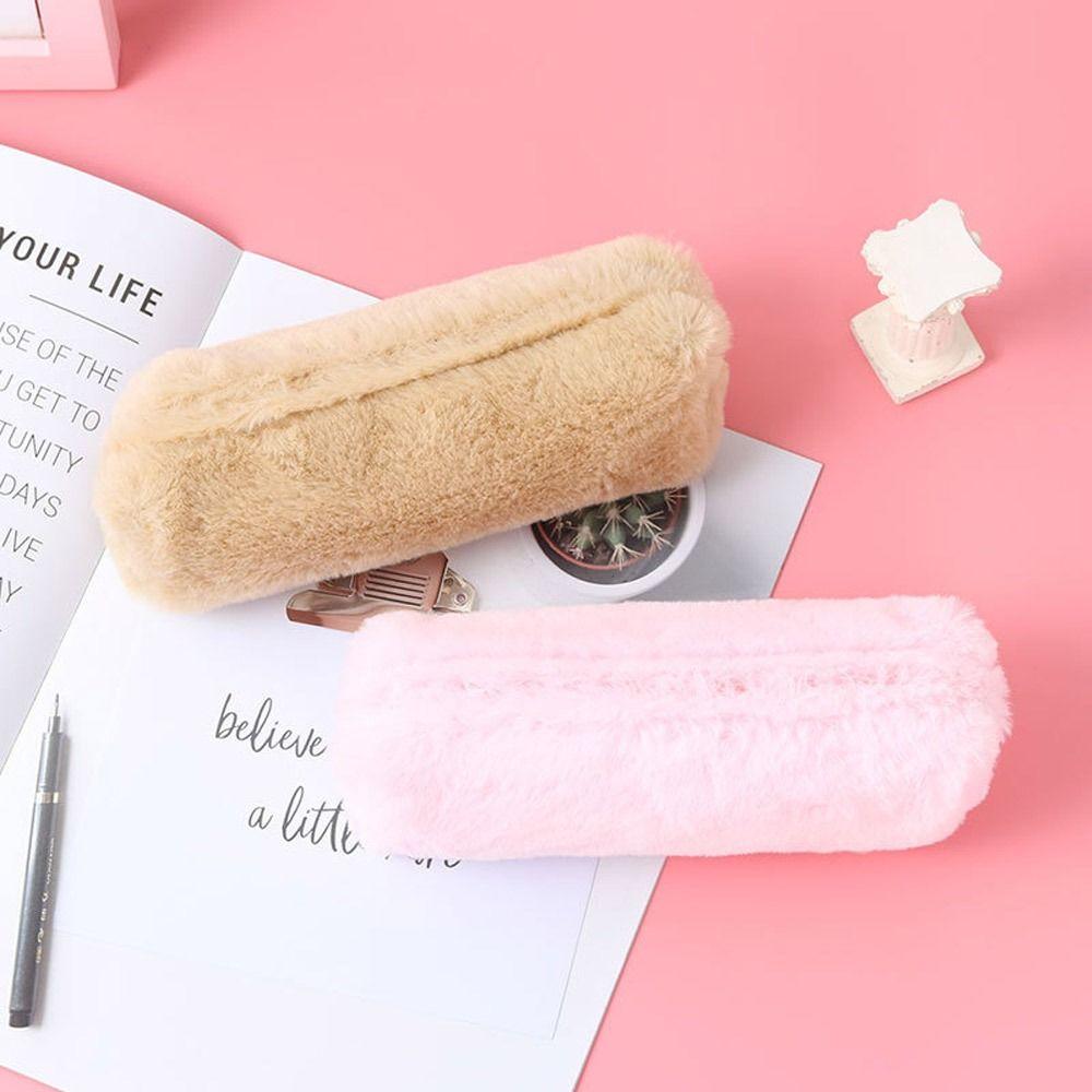 Makeup Pouch Coin Purse Stationery Pen Bag Solid Color Large Capacity Pencil Bag Plush Pencil Case